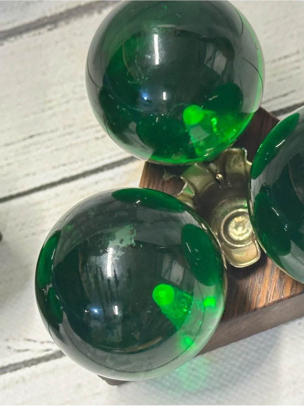Vintage Green Lucite Atomic MCM Ball Candles & Holder Pair  Triangle Wood  Base